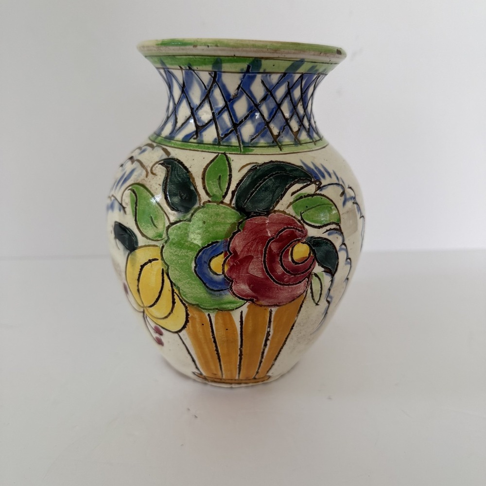 Vintage Italian Pottery Vase Hand Painted Floral Italy 7" Tall Decor READ
